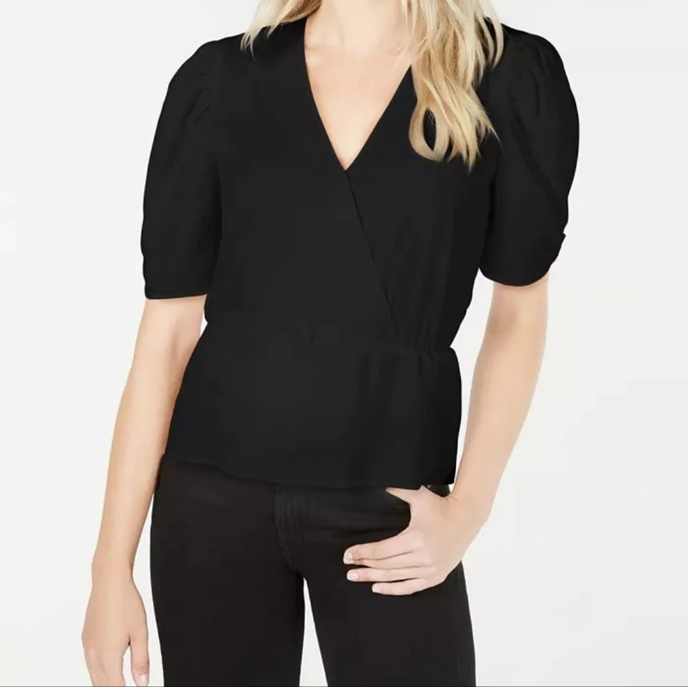 Leyden Surplice Neck Puff Sleeve Top Black Size M - Picture 1 of 6